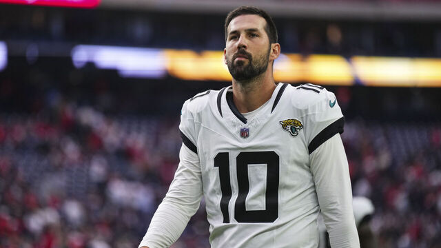 HOUSTON, TX - NOVEMBER 26: Brandon McManus #10 of the Jacksonville Jaguars walks off of the field after an NFL football game against the Houston Texans at NRG Stadium on November 26, 2023 in Houston, Texas.