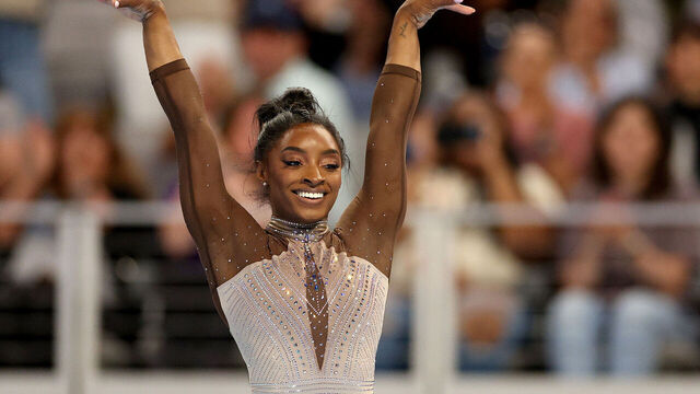 FORT WORTH, TEXAS - JUNE 02: Simone Biles competes in the floor exercise during the 2024 Xfinity U.S. Gymnastics Championships at Dickies Arena on June 02, 2024 in Fort Worth, Texas.