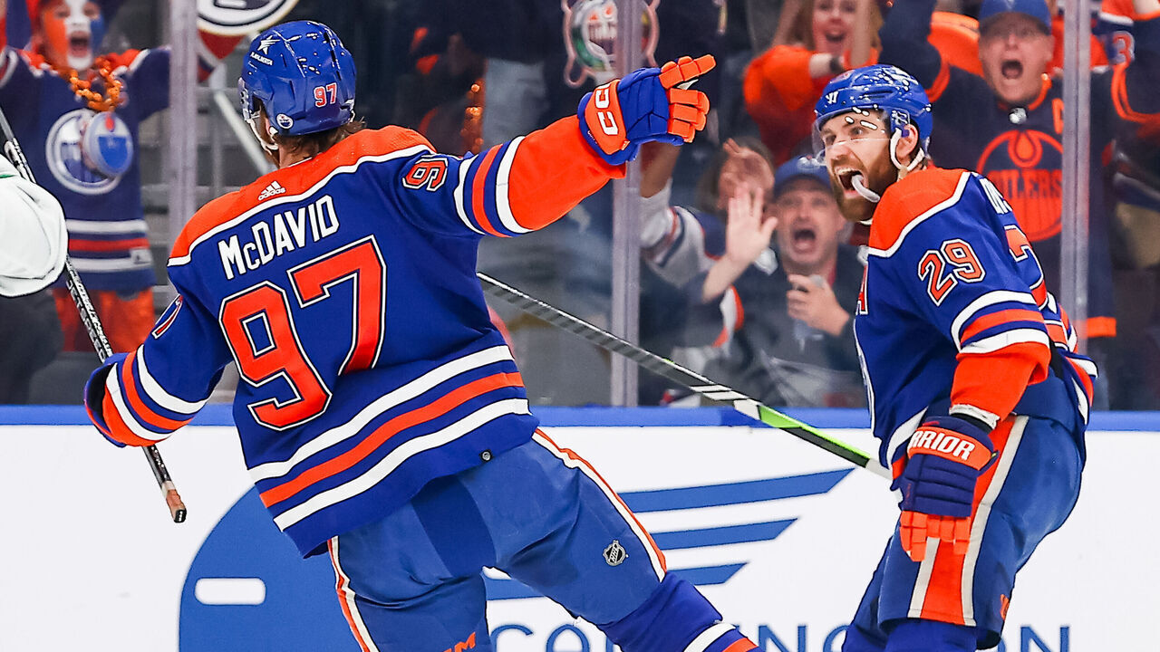 EDMONTON, AB - JUNE 2: Edmonton Oilers Center Connor McDavid (97) celebrates his goal with Edmonton Oilers Center Leon Draisaitl (29) in the first period of game six of the Western Conference Final Round Edmonton Oilers game versus the Dallas Stars on June 2, 2024 at Rogers Place in Edmonton, AB.