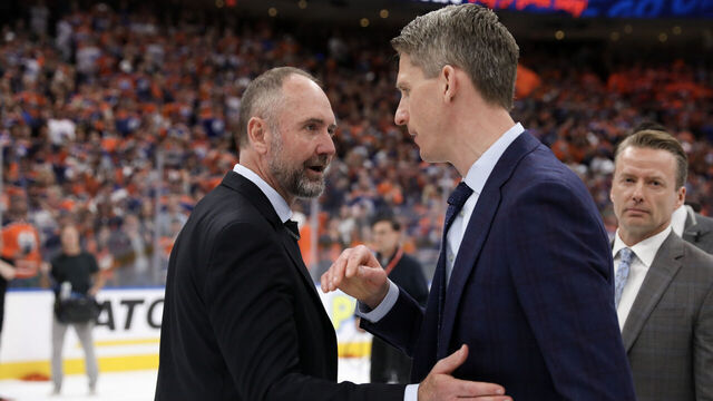EDMONTON, CANADA - JUNE 02: Head coach Kris Knoblauch of the Edmonton Oilers shakes hands with head coach Peter DeBoer of the Dallas Stars after beating Dallas 2-1 in Game Six of the Western Conference Final of the 2024 Stanley Cup Playoffs at Rogers Place on June 02, 2024 in Edmonton, Alberta, Canada.