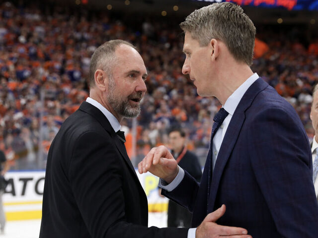 EDMONTON, CANADA - JUNE 02: Head coach Kris Knoblauch of the Edmonton Oilers shakes hands with head coach Peter DeBoer of the Dallas Stars after beating Dallas 2-1 in Game Six of the Western Conference Final of the 2024 Stanley Cup Playoffs at Rogers Place on June 02, 2024 in Edmonton, Alberta, Canada.