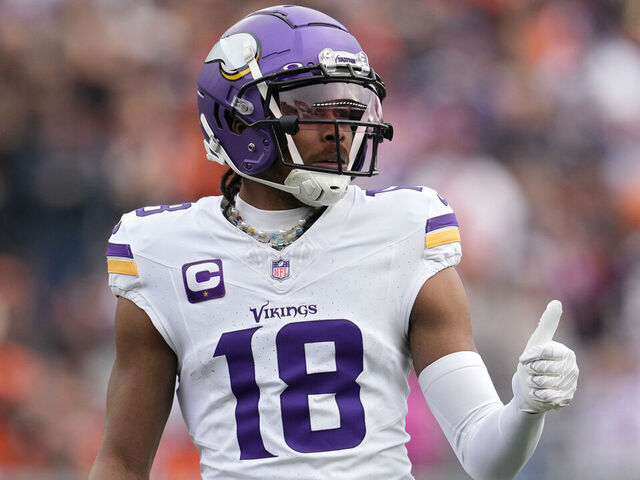 CINCINNATI, OHIO - DECEMBER 16: Justin Jefferson #18 of the Minnesota Vikings gestures during a NFL football game against the Cincinnati Bengals at Paycor Stadium on December 16, 2023 in Cincinnati, Ohio.