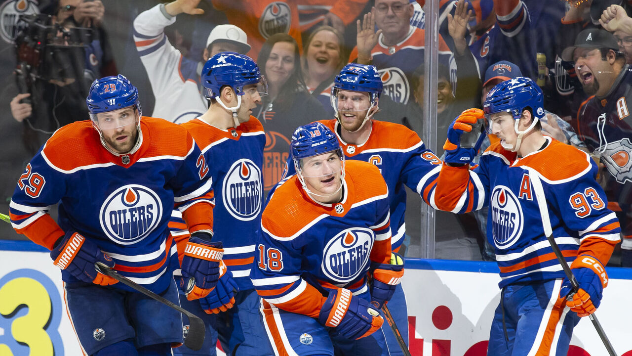 EDMONTON, CANADA - APRIL 24: Leon Draisaitl #29, Evan Bouchard #2, Zach Hyman #18, Connor McDavid #97 and Ryan Nugent-Hopkins #93 of the Edmonton Oilers celebrate a goal against the Los Angeles Kings during the second period in Game Two of the First Round of the 2024 Stanley Cup Playoffs at Rogers Place on April 24, 2024, in Edmonton, Canada.