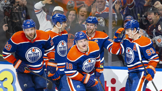 EDMONTON, CANADA - APRIL 24: Leon Draisaitl #29, Evan Bouchard #2, Zach Hyman #18, Connor McDavid #97 and Ryan Nugent-Hopkins #93 of the Edmonton Oilers celebrate a goal against the Los Angeles Kings during the second period in Game Two of the First Round of the 2024 Stanley Cup Playoffs at Rogers Place on April 24, 2024, in Edmonton, Canada.