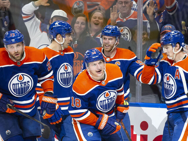 EDMONTON, CANADA - APRIL 24: Leon Draisaitl #29, Evan Bouchard #2, Zach Hyman #18, Connor McDavid #97 and Ryan Nugent-Hopkins #93 of the Edmonton Oilers celebrate a goal against the Los Angeles Kings during the second period in Game Two of the First Round of the 2024 Stanley Cup Playoffs at Rogers Place on April 24, 2024, in Edmonton, Canada.