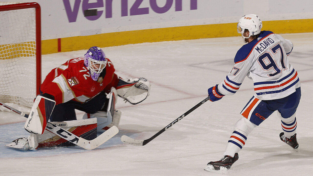 SUNRISE, FLORIDA - NOVEMBER 20: Goaltender Sergei Bobrovsky #72 of the Florida Panthers defends the net against Connor McDavid #97 of the Edmonton Oilers at the Amerant Bank Arena on November 20, 2023 in Sunrise, Florida.