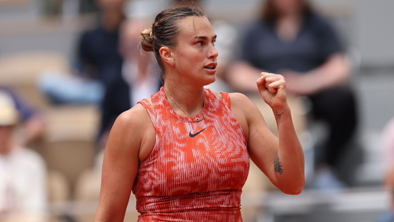 PARIS, FRANCE - JUNE 03: Aryna Sabalenka reacts after her victory over Emma Navarro of United States in their fourth round match during day nine of the 2024 Franch Open at Roland Garros on June 03, 2024 in Paris, France.