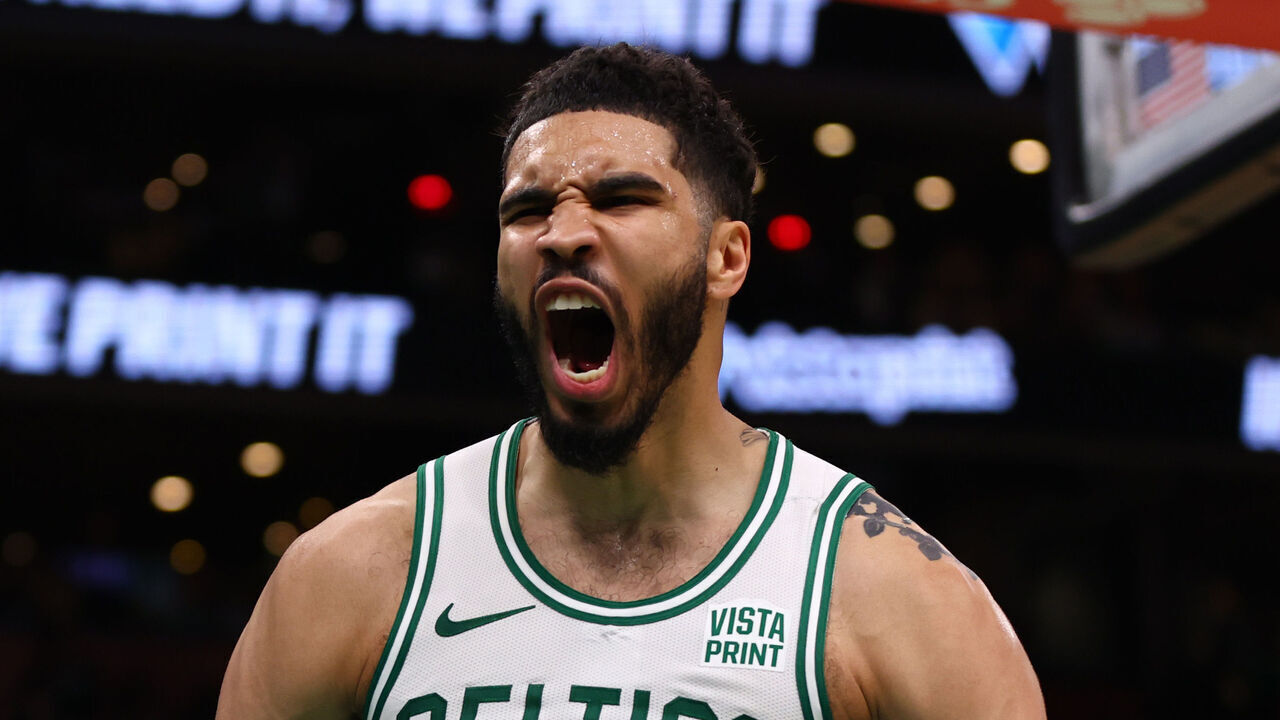 BOSTON, MASSACHUSETTS - MAY 21: Jayson Tatum #0 of the Boston Celtics reacts during the third quarter against the Indiana Pacers in Game One of the Eastern Conference Finals at TD Garden on May 21, 2024 in Boston, Massachusetts.