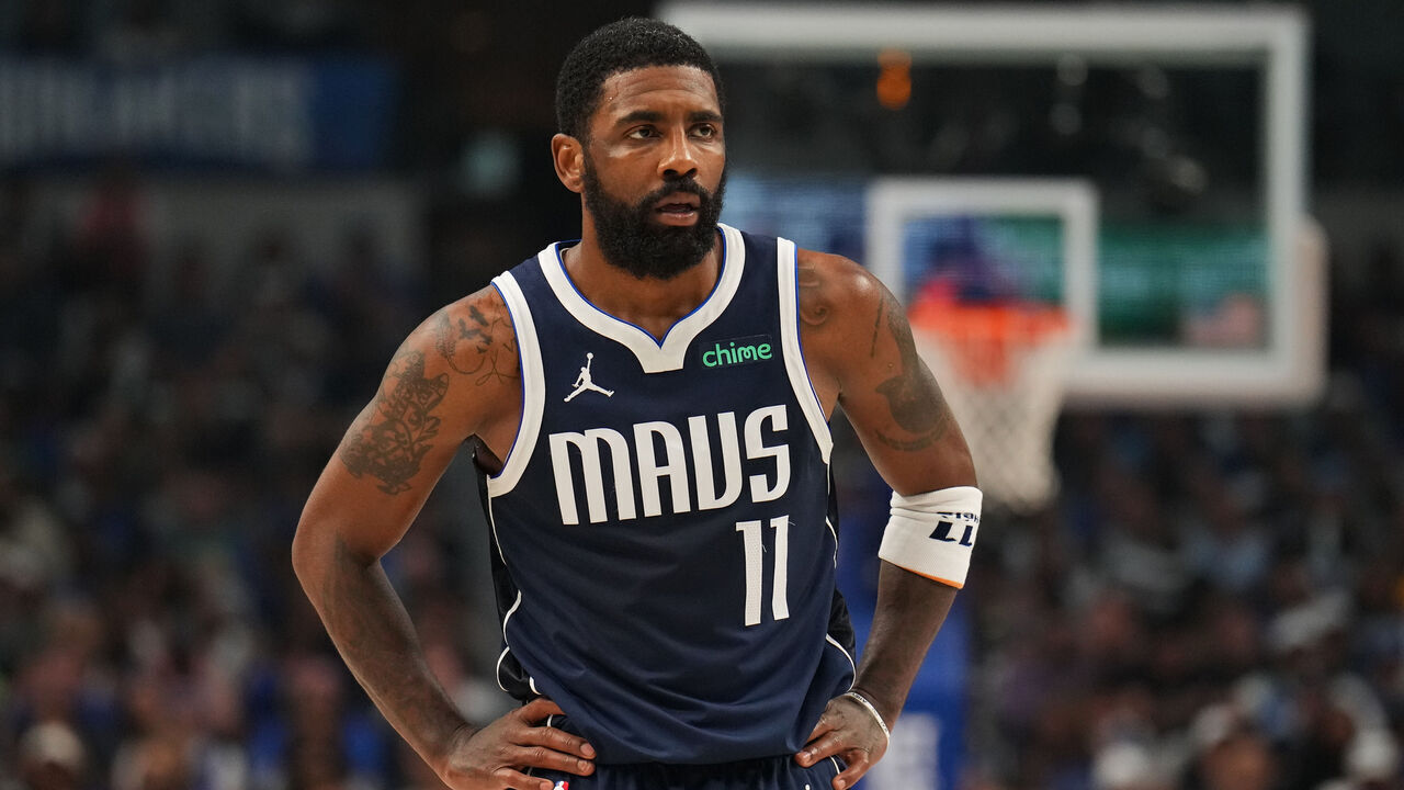 DALLAS, TX - MAY 28: Kyrie Irving #11 of the Dallas Mavericks looks on during the game against the Minnesota Timberwolves during Game 3 of the Western Conference Finals of the 2024 NBA Playoffs on May 28, 2024 at the American Airlines Center in Dallas, Texas. Mandatory Copyright Notice: Copyright 2024 NBAE