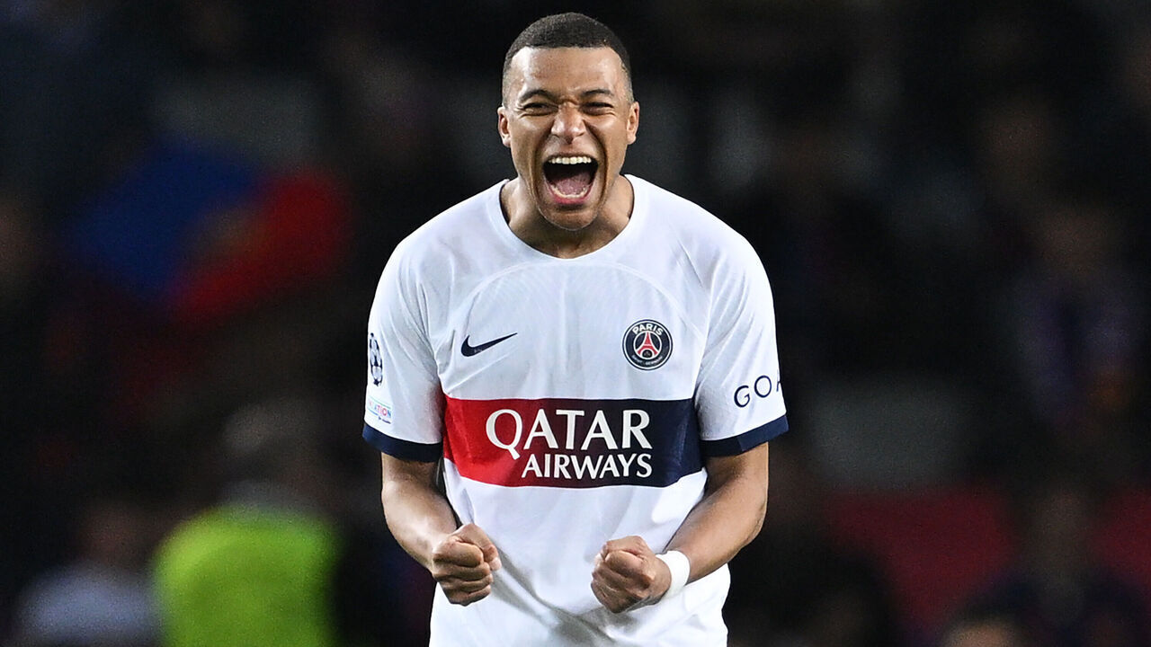 BARCELONA, SPAIN - APRIL 16: Kylian Mbappe of Paris Saint-Germain celebrates victory in the UEFA Champions League quarter-final second leg match between FC Barcelona and Paris Saint-Germain at Estadi Olimpic Lluis Companys on April 16, 2024 in Barcelona, Spain.