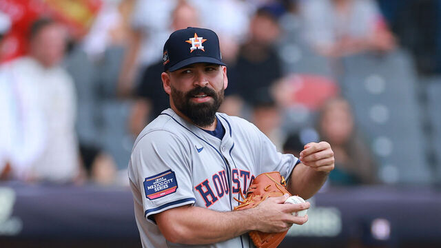 MEXICO CITY, MEXICO - APRIL 27: José Urquidy #65 of the Houston Astros receives the first pitch during the MLB World Tour Mexico City Series between the Houston Astros and the Colorado Rockies at Estadio Alfredo Harp Helú on April 27, 2024 in Mexico City, Mexico.