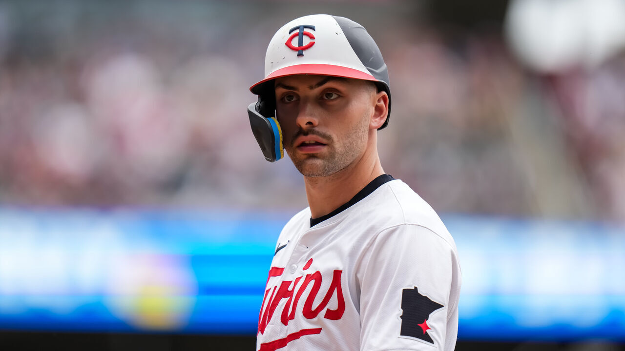 MINNEAPOLIS, MN - MAY 25: Edouard Julien #47 of the Minnesota Twins looks on against the Texas Rangers on May 25, 2024 at Target Field in Minneapolis, Minnesota.