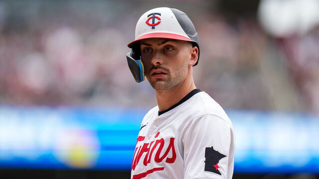 MINNEAPOLIS, MN - MAY 25: Edouard Julien #47 of the Minnesota Twins looks on against the Texas Rangers on May 25, 2024 at Target Field in Minneapolis, Minnesota.