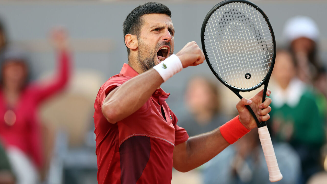PARIS, FRANCE - JUNE 03: Novak Djokovic of Sebia reacts on his way to defeating Francisco Cerundolo of Argentina in their fourth round match during day nine of the 2024 French Open at Roland Garros on June 03, 2024 in Paris, France.