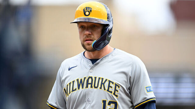 PITTSBURGH, PENNSYLVANIA - APRIL 25, 2024: Rhys Hoskins #12 of the Milwaukee Brewers celebrates hitting an RBI single during the third inning against the Pittsburgh Pirates at PNC Park on April 25, 2024 in Pittsburgh, Pennsylvania.
