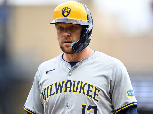 PITTSBURGH, PENNSYLVANIA - APRIL 25, 2024: Rhys Hoskins #12 of the Milwaukee Brewers celebrates hitting an RBI single during the third inning against the Pittsburgh Pirates at PNC Park on April 25, 2024 in Pittsburgh, Pennsylvania.