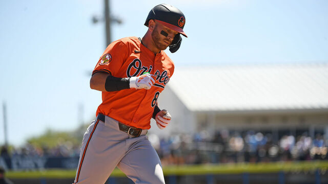 DUNEDIN, FLORIDA - MARCH 19, 2024: Connor Norby #85 of the Baltimore Orioles runs the bases after hitting a two-run home run during the fourth inning of a spring training game against the Toronto Blue Jays at TD Ballpark on March 19, 2024 in Dunedin, Florida.