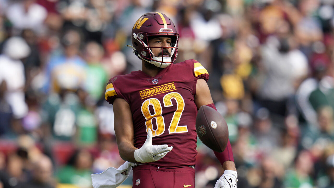 LANDOVER, MARYLAND - OCTOBER 29: Logan Thomas #82 of the Washington Commanders celebrates after getting a first down against the Philadelphia Eagles during the first quarter at FedExField on October 29, 2023 in Landover, Maryland.