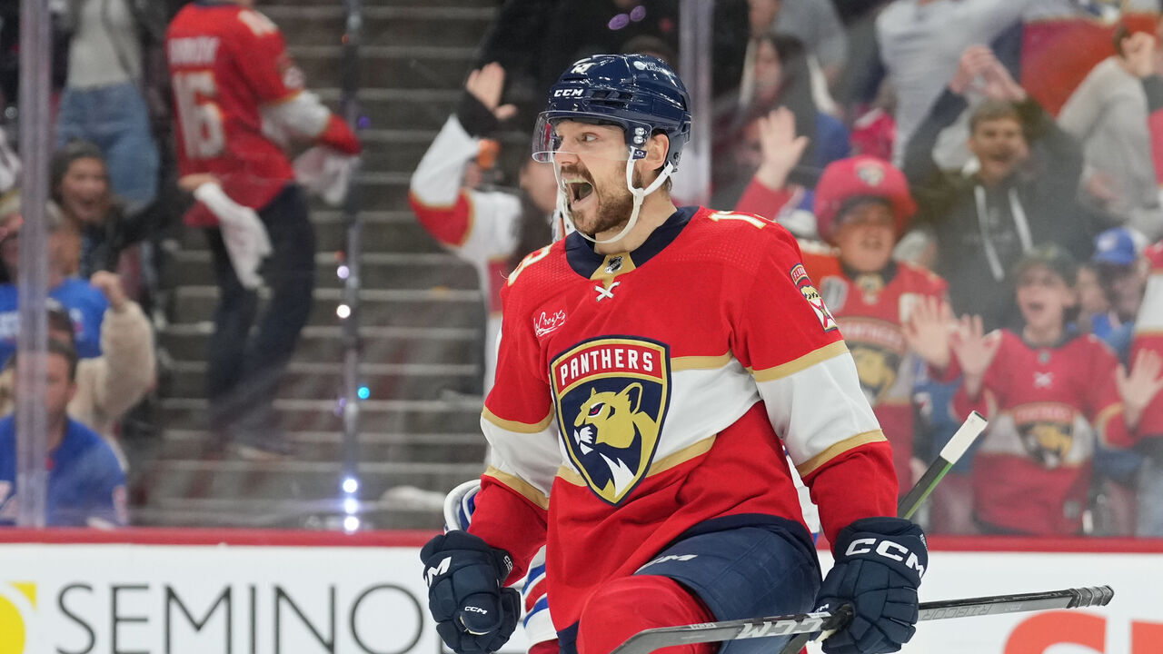 SUNRISE, FL - MAY 28: Florida Panthers center Sam Reinhart (13) celebrates his overtime game winning goal during game four of the Eastern Conference Finals between the New York Rangers and the Florida Panthers on Tuesday, May 28, 2024 at Amerant Bank Arena in Sunrise, Fla.