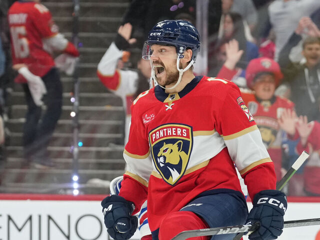 SUNRISE, FL - MAY 28: Florida Panthers center Sam Reinhart (13) celebrates his overtime game winning goal during game four of the Eastern Conference Finals between the New York Rangers and the Florida Panthers on Tuesday, May 28, 2024 at Amerant Bank Arena in Sunrise, Fla.