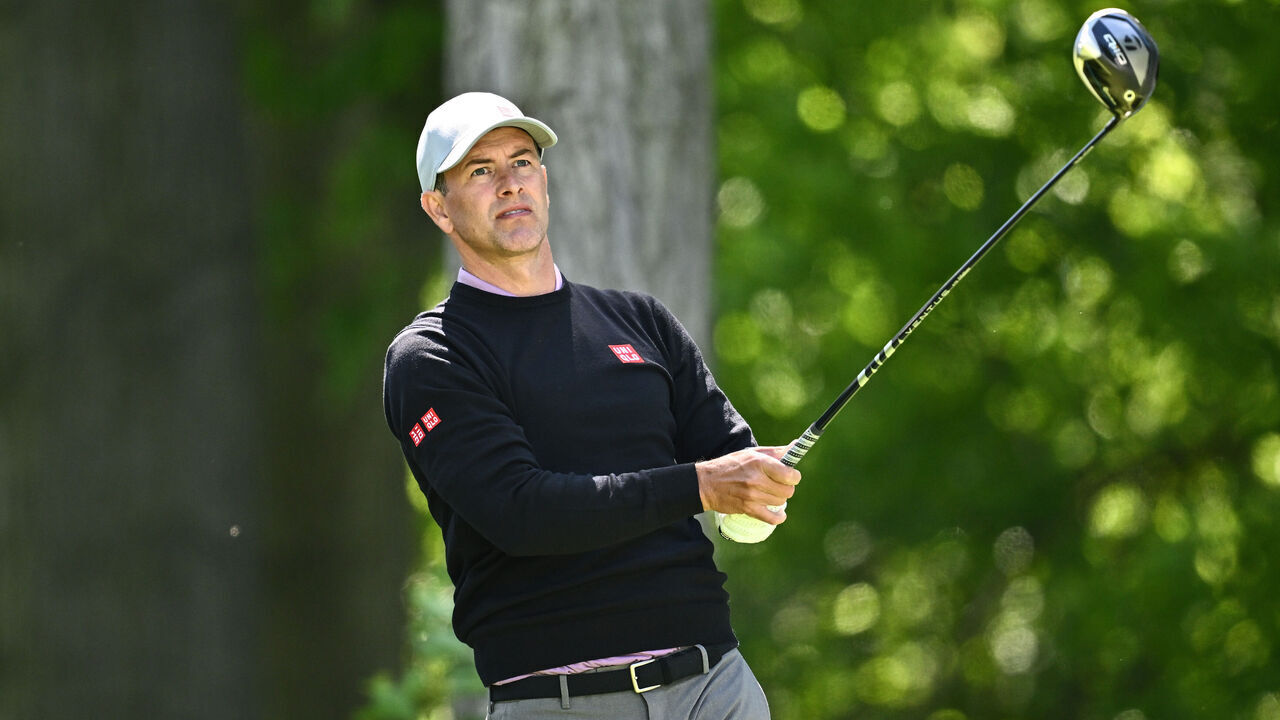 HAMILTON, ONTARIO - MAY 30: Adam Scott of Australia plays his shot from the seventh tee during the first round of the RBC Canadian Open at Hamilton Golf & Country Club on May 30, 2024 in Hamilton, Ontario.