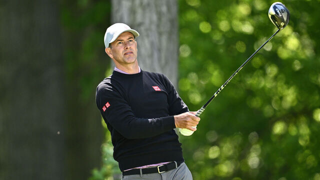 HAMILTON, ONTARIO - MAY 30: Adam Scott of Australia plays his shot from the seventh tee during the first round of the RBC Canadian Open at Hamilton Golf & Country Club on May 30, 2024 in Hamilton, Ontario.