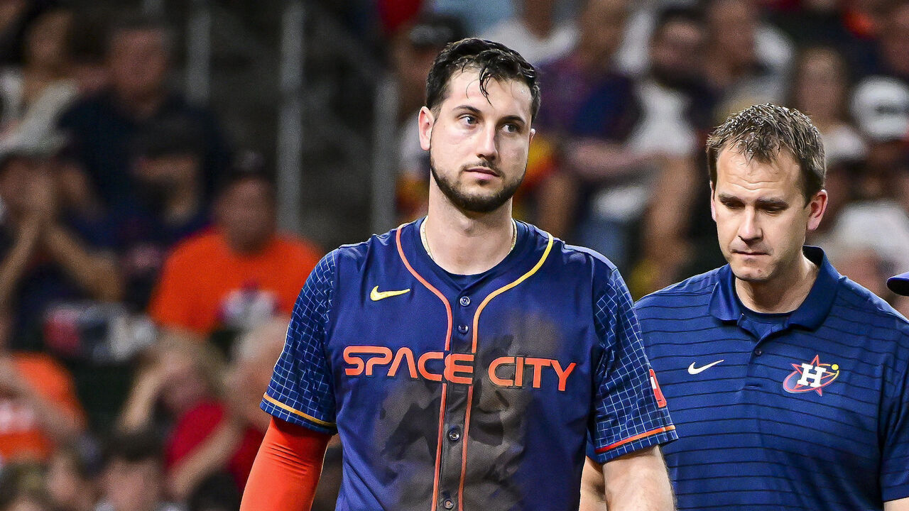 HOUSTON, TEXAS - JUNE 03: Kyle Tucker #30 of the Houston Astros reacts after being hit by a pitch in the third inning against the St. Louis Cardinals at Minute Maid Park on June 03, 2024 in Houston, Texas.