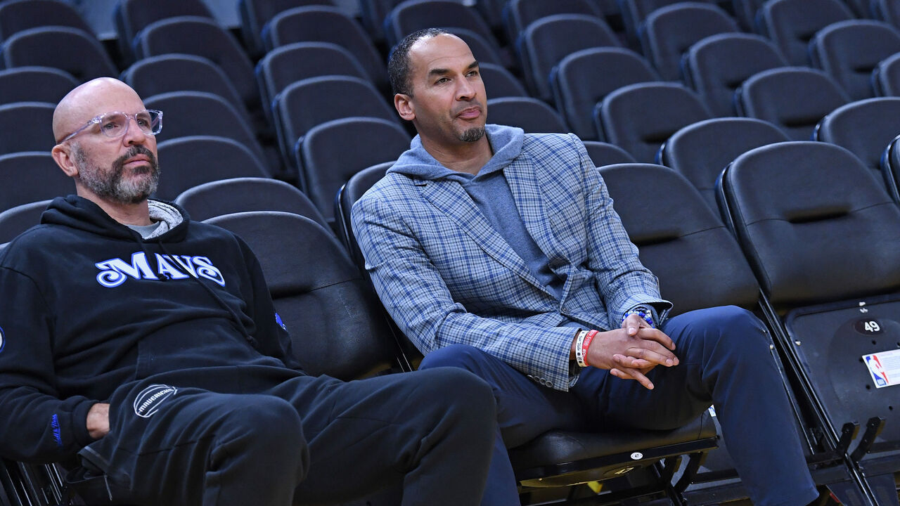 SAN FRANCISCO, CA - APRIL 2: Head Coach Jason Kidd and General Manager Nico Harrison of the Dallas Mavericks look on before the game against the Golden State Warriors on April 2, 2024 at Chase Center in San Francisco, California. NOTE TO USER: User expressly acknowledges and agrees that, by downloading and or using this photograph, user is consenting to the terms and conditions of Getty Images License Agreement. Mandatory Copyright Notice: Copyright 2024 NBAE