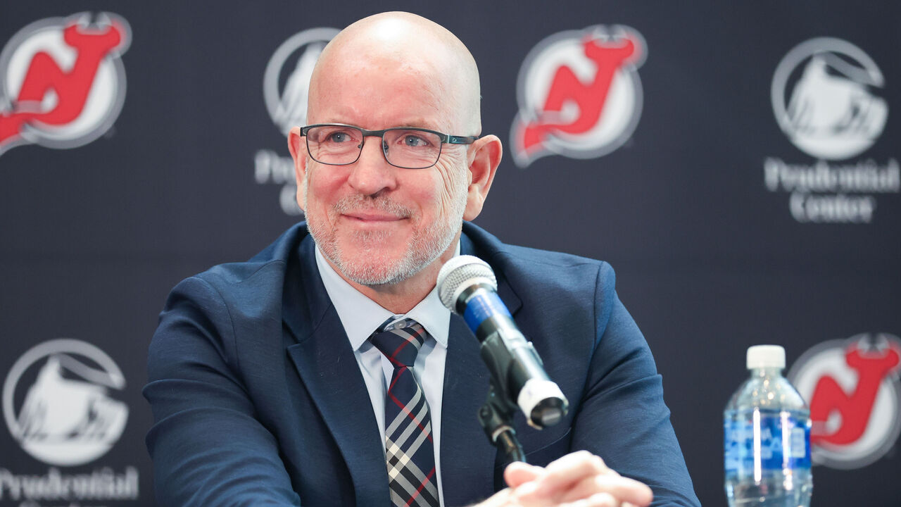 NEWARK, NJ - MAY 28: New Jersey Devils general manager Tom Fitzgerald speaks at a press conference to announce Sheldon Keefe as their new head coach on May 28, 2024 at Prudential Center in Newark, New Jersey.