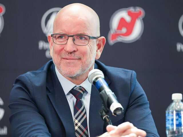 NEWARK, NJ - MAY 28: New Jersey Devils general manager Tom Fitzgerald speaks at a press conference to announce Sheldon Keefe as their new head coach on May 28, 2024 at Prudential Center in Newark, New Jersey.