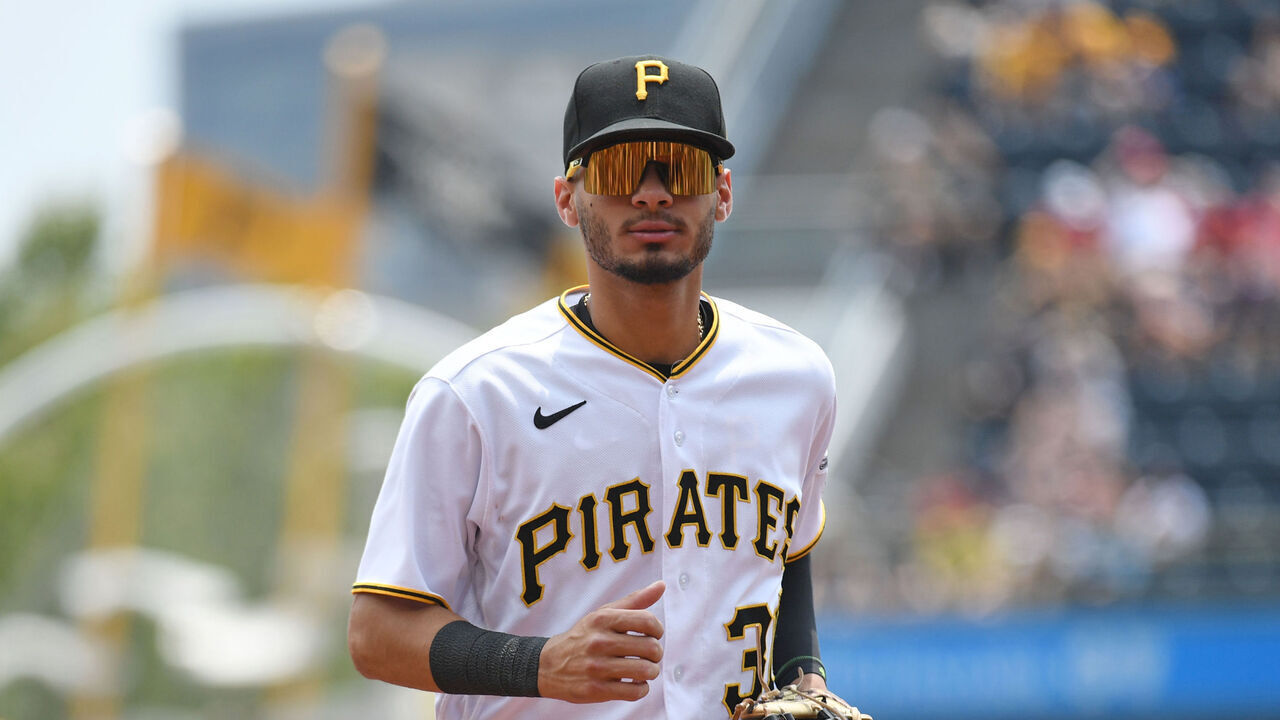 PITTSBURGH, PENNSYLVANIA - JULY 19, 2023: Tucupita Marcano #30 of the Pittsburgh Pirates runs off the field during the third inning against the Cleveland Guardians at PNC Park on July 19, 2023 in Pittsburgh, Pennsylvania.