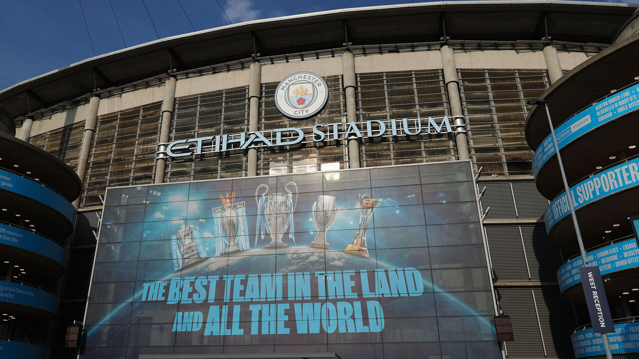MANCHESTER, ENGLAND - MAY 10: A general view of Manchester City signage is seen on the outside of the Etihad Stadium on May 10, 2024 in Manchester, United Kingdom.