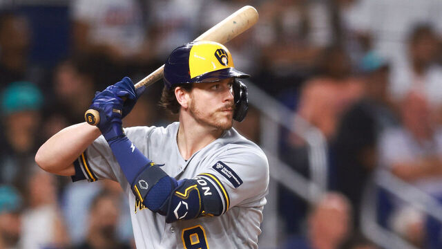 MIAMI, FLORIDA - SEPTEMBER 22: Brian Anderson #9 of the Milwaukee Brewers at bat against the Miami Marlins during the seventh inning at loanDepot park on September 22, 2023 in Miami, Florida.