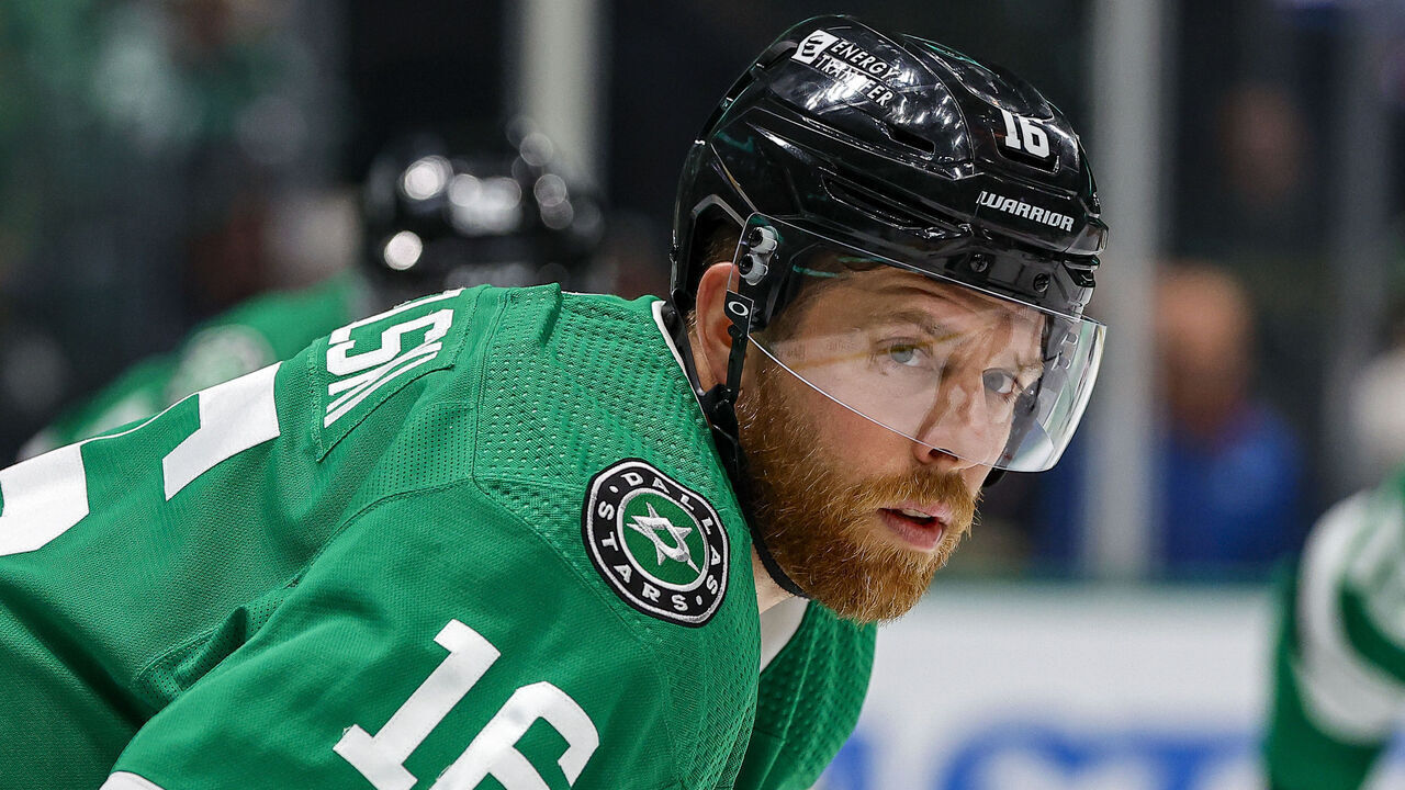 DALLAS, TX - MAY 15: Dallas Stars center Joe Pavelski (16) waits for the puck to drop during game 5 of the Western Conference round 2 playoffs on May 15, 2024 at American Airlines Center in Dallas, Texas.