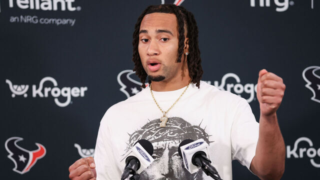HOUSTON, TEXAS - JUNE 04: C.J. Stroud #7 of the Houston Texans speaks with the media after Mandatory Minicamp at Houston Methodist Training Center on June 04, 2024 in Houston, Texas.