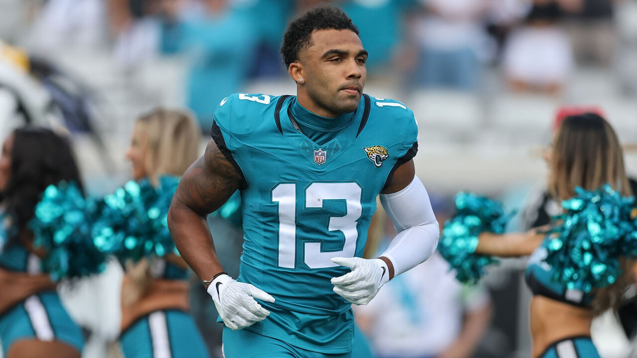 JACKSONVILLE, FLORIDA - SEPTEMBER 17: Christian Kirk #13 of the Jacksonville Jaguars is introduced prior to the game against the Kansas City Chiefs at EverBank Field on September 17, 2023 in Jacksonville, Florida.