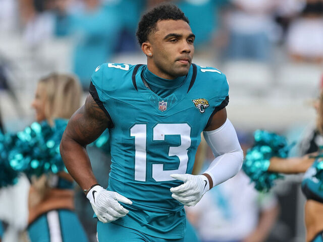 JACKSONVILLE, FLORIDA - SEPTEMBER 17: Christian Kirk #13 of the Jacksonville Jaguars is introduced prior to the game against the Kansas City Chiefs at EverBank Field on September 17, 2023 in Jacksonville, Florida.