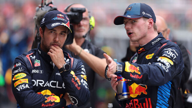SHANGHAI, CHINA - APRIL 20: Sprint winner Max Verstappen of the Netherlands and Oracle Red Bull Racing and Third placed Sergio Perez of Mexico and Oracle Red Bull Racing look on in parc ferme during the Sprint ahead of the F1 Grand Prix of China at Shanghai International Circuit on April 20, 2024 in Shanghai, China.