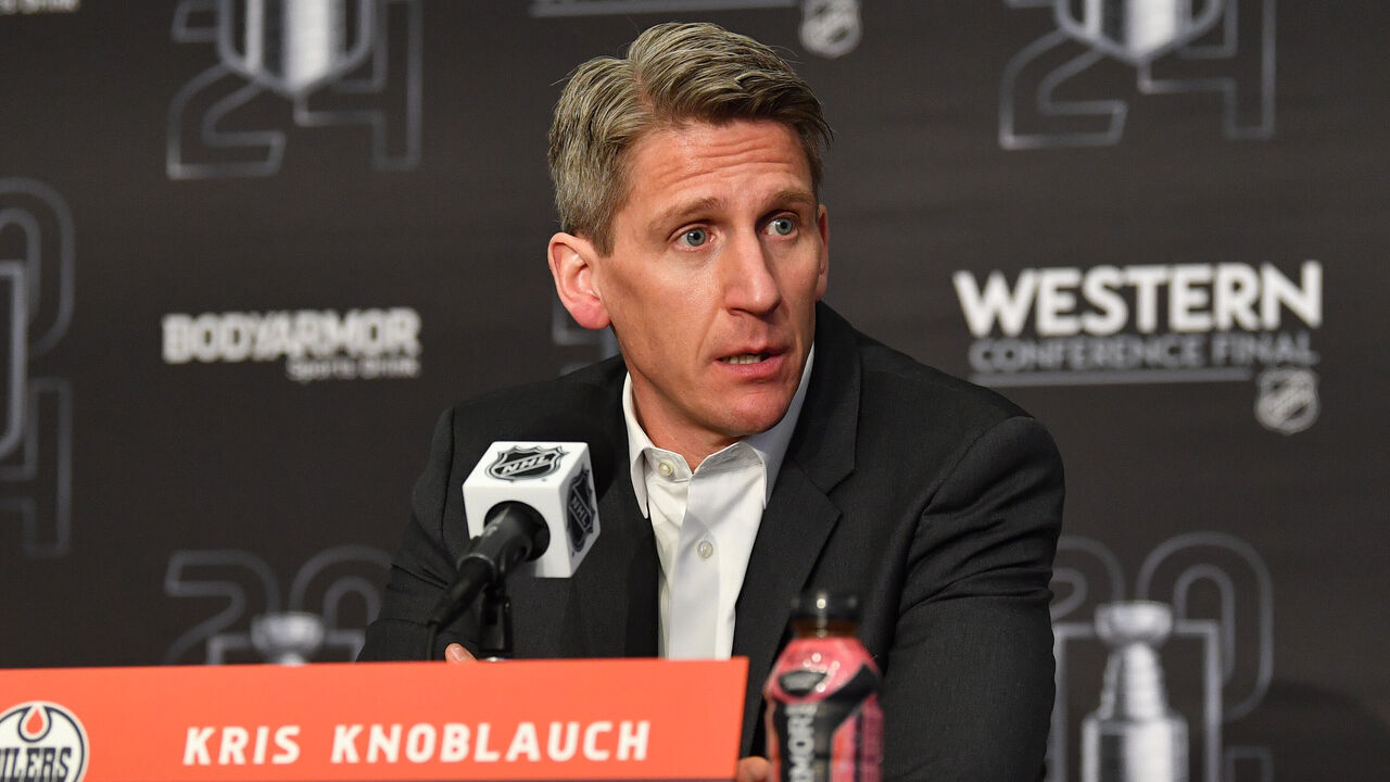 EDMONTON, CANADA - MAY 29: Kris Knoblauch of the Edmonton Oilers addresses the media after Game Four of the Western Conference Final of the 2024 Stanley Cup Playoffs against the Dallas Stars at Rogers Place on May 29, 2024, in Edmonton, Alberta, Canada.