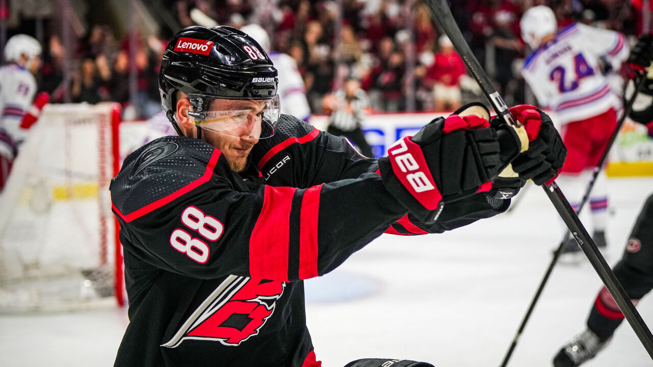 RALEIGH, NORTH CAROLINA - MAY 16: Martin Necas #88 of the Carolina Hurricanes celebrates after a goal during the first period against the New York Rangers in Game Six of the Second Round of the 2024 Stanley Cup Playoffs at PNC Arena on May 16, 2024 in Raleigh, North Carolina.