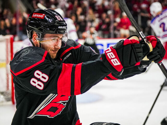 RALEIGH, NORTH CAROLINA - MAY 16: Martin Necas #88 of the Carolina Hurricanes celebrates after a goal during the first period against the New York Rangers in Game Six of the Second Round of the 2024 Stanley Cup Playoffs at PNC Arena on May 16, 2024 in Raleigh, North Carolina.