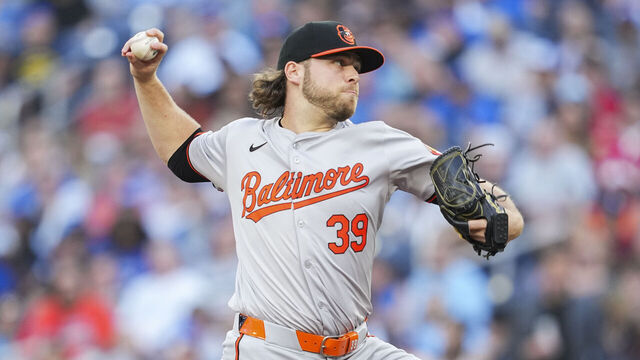TORONTO, ON - JUNE 4: Corbin Burnes #39 of the Baltimore Orioles pitches against the Toronto Blue Jays in the first inning at the Rogers Centre on June 4, 2024 in Toronto, Ontario, Canada.