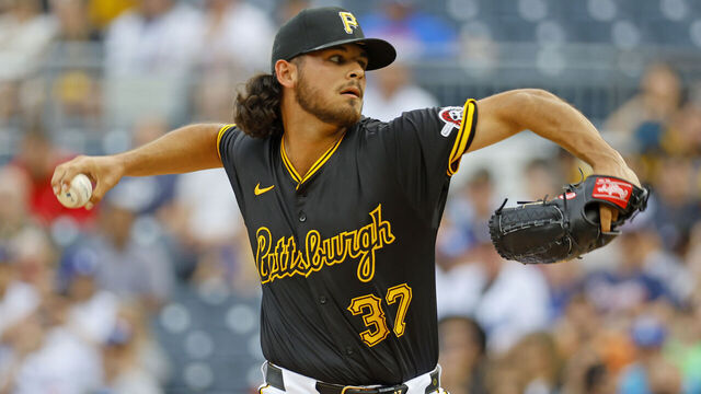 PITTSBURGH, PA - JUNE 04: Jared Jones #37 of the Pittsburgh Pirates pitches in the first inning against the Los Angeles Dodgers at PNC Park on June 4, 2024 in Pittsburgh, Pennsylvania.