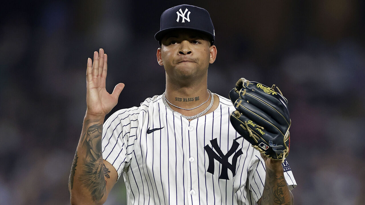 NEW YORK, NY - JUNE 4: Luis Gil #81 of the New York Yankees reacts walking off the field during the sixth inning against the Minnesota Twins at Yankee Stadium on June 4, 2024 in New York City. The Yankees won 5-1.