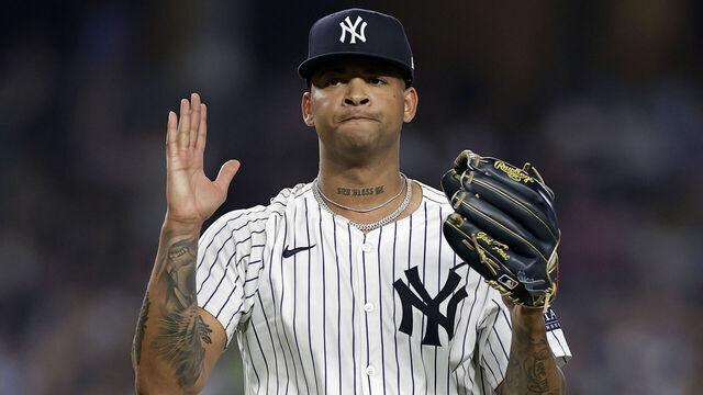 NEW YORK, NY - JUNE 4: Luis Gil #81 of the New York Yankees reacts walking off the field during the sixth inning against the Minnesota Twins at Yankee Stadium on June 4, 2024 in New York City. The Yankees won 5-1.