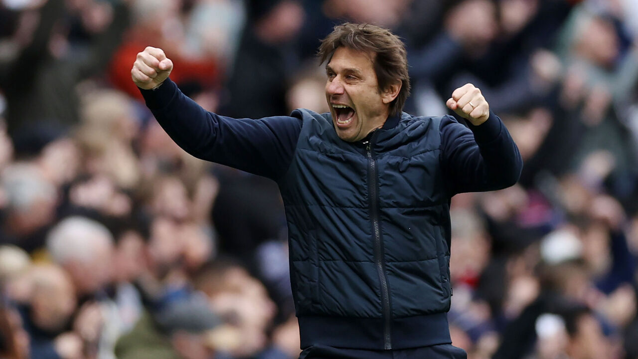 LONDON, ENGLAND - MARCH 11: Antonio Conte, Manager of Tottenham Hotspur, celebrates after their sides second goal during the Premier League match between Tottenham Hotspur and Nottingham Forest at Tottenham Hotspur Stadium on March 11, 2023 in London, England.