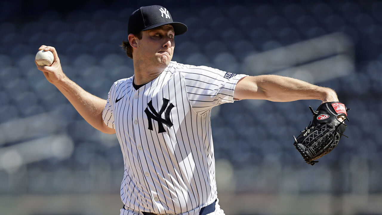 NEW YORK, NEW YORK - MAY 21: Gerrit Cole #45 of the New York Yankees throws from the mound before a game against the Seattle Mariners at Yankee Stadium on May 21, 2024 in New York City.
