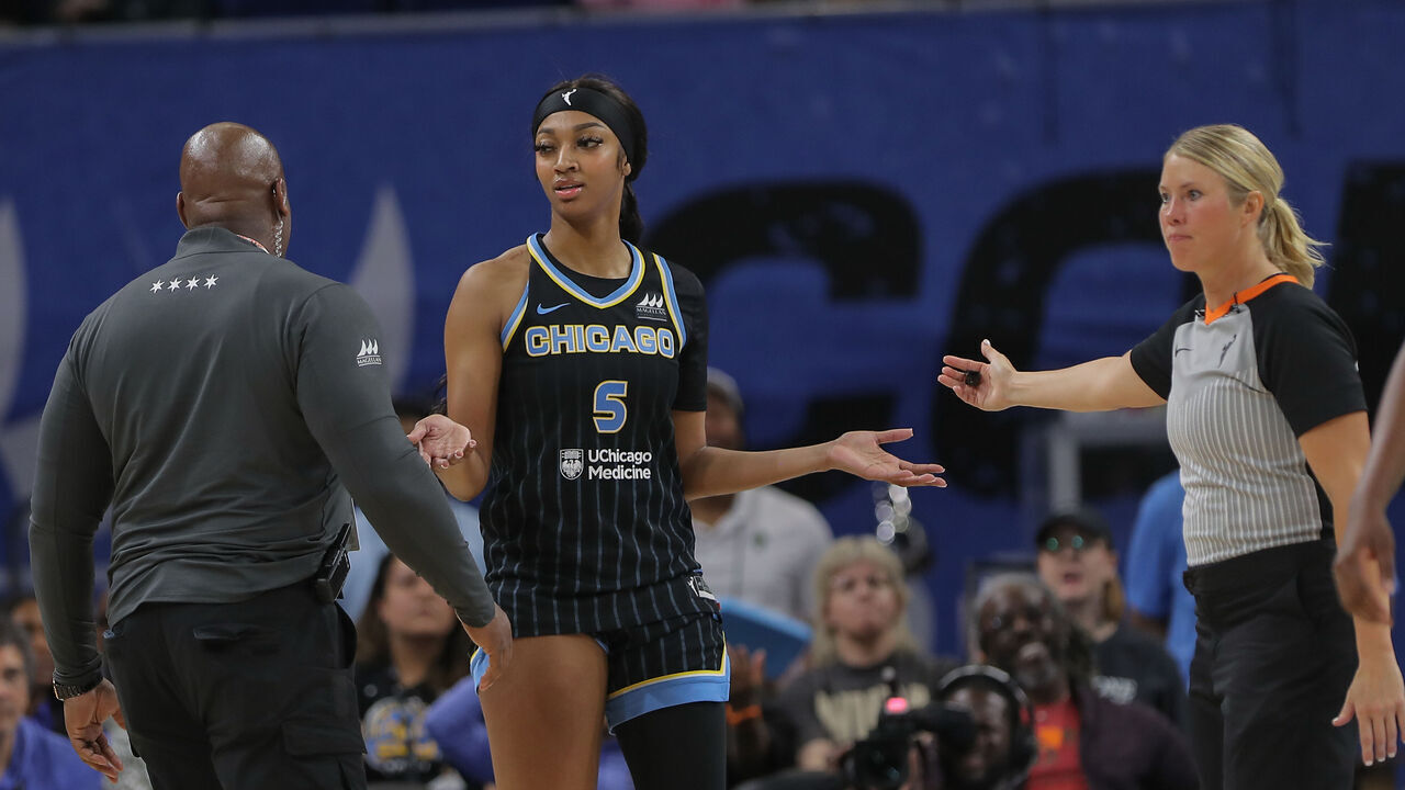 CHICAGO, IL - JUNE 04: Angel Reese #5 of the Chicago Sky reacts after being ejected from the game during the second half against the New York Liberty on June 4, 2024 at Wintrust Arena in Chicago, Illinois.