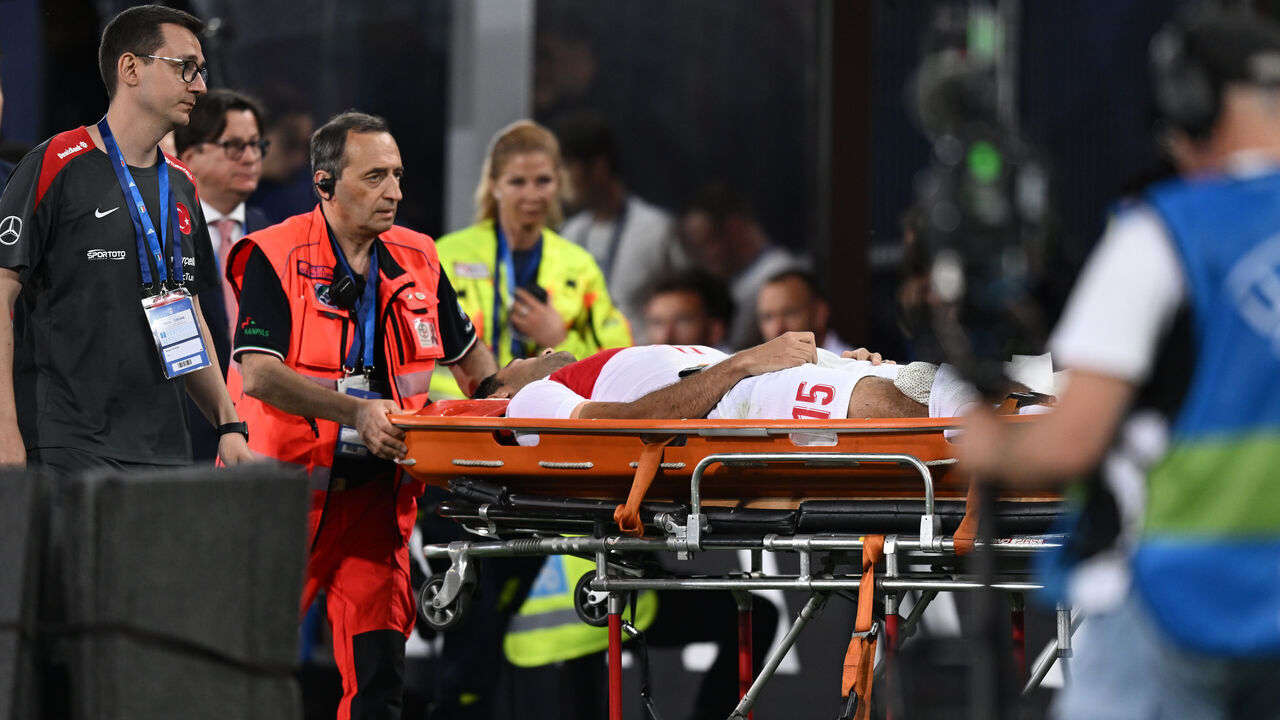 BOLOGNA, ITALY - JUNE 04: Ozan Kabak of Turkiye injured during the international Friendly match between Italy and Turkiye at Renato Dall'Ara Stadium on June 4, 2024 in Bologna, Italy.