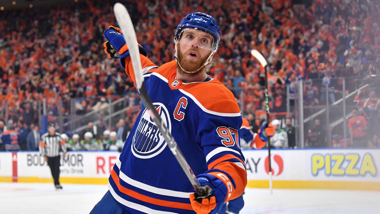 EDMONTON, CANADA - JUNE 02: Connor McDavid #97 of the Edmonton Oilers celebrates his first-period goal against the Dallas Stars in Game Six of the Western Conference Final of the 2024 Stanley Cup Playoffs at Rogers Place on June 2, 2024, in Edmonton, Alberta, Canada.